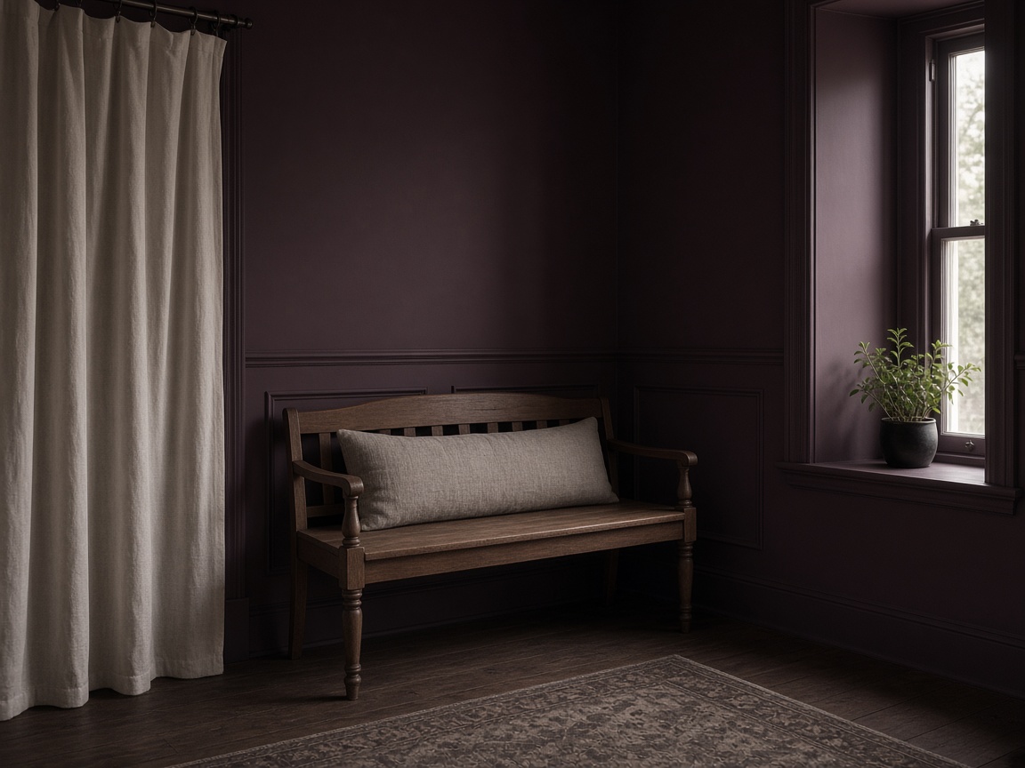 Quiet plum waiting alcove with wooden bench and bay window light