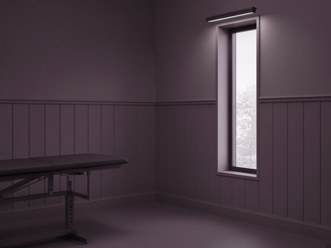 Empty treatment room corner with narrow bay window