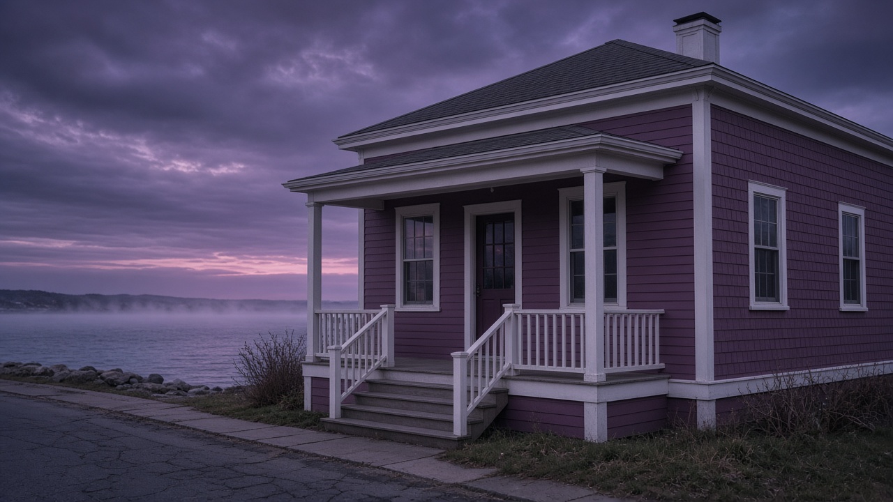 Twilight bay-side clapboard clinic overlooking calm Rhode Island water