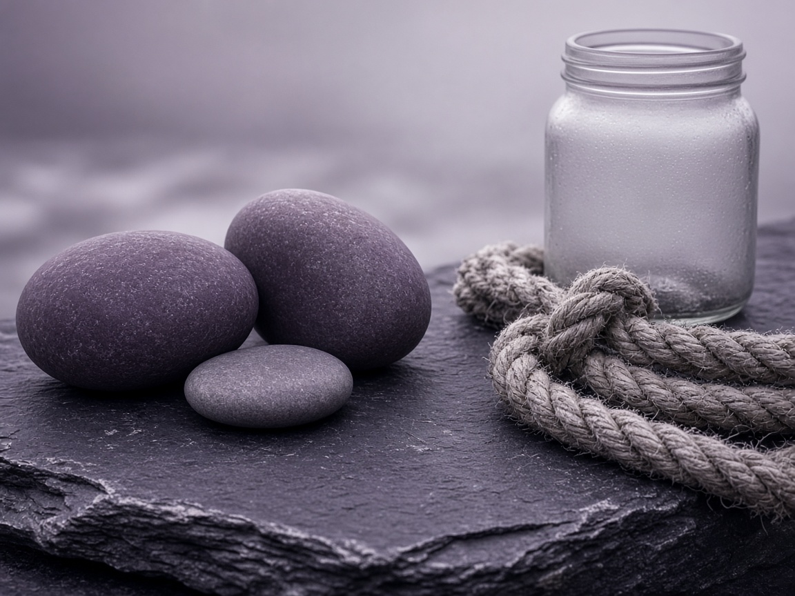 River stones, dock rope, and frosted jar on slate